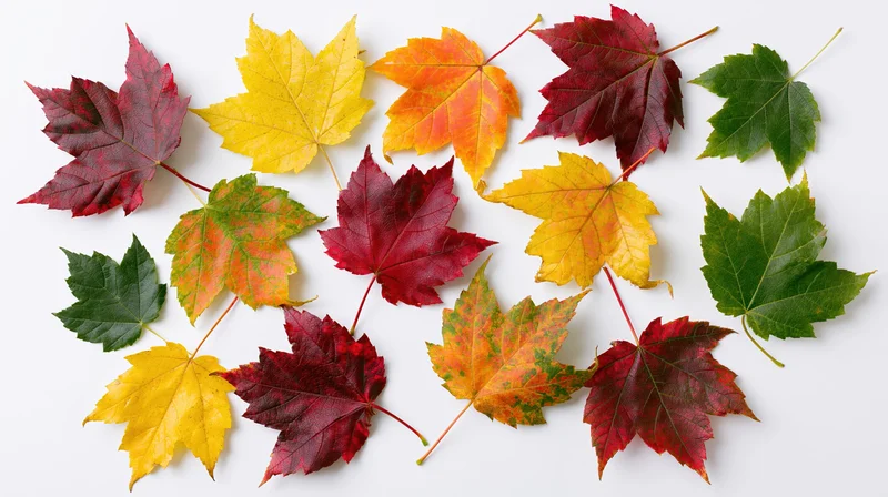 Fourteen maple leaves in autumn colors arranged in flat lay on white background