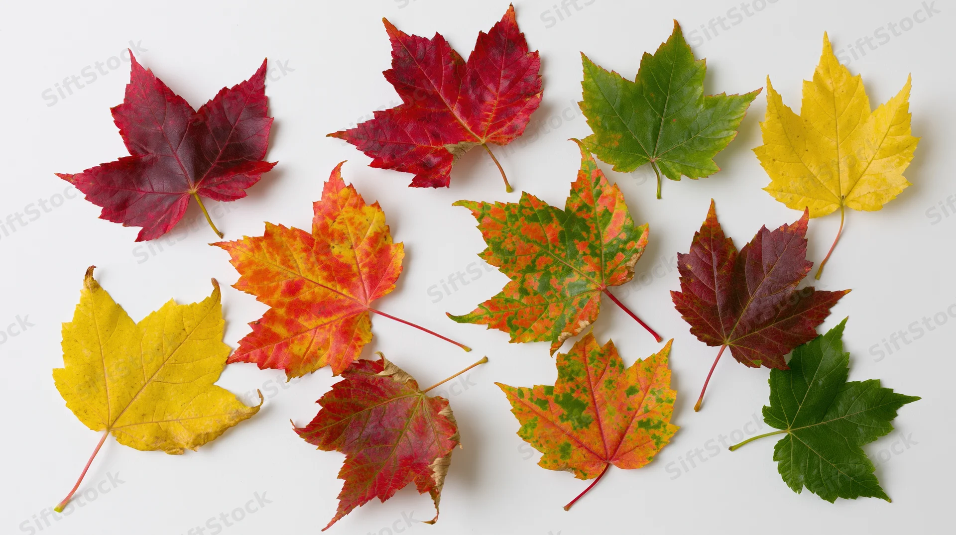Fourteen maple leaves in various autumn colors arranged flat on white surface