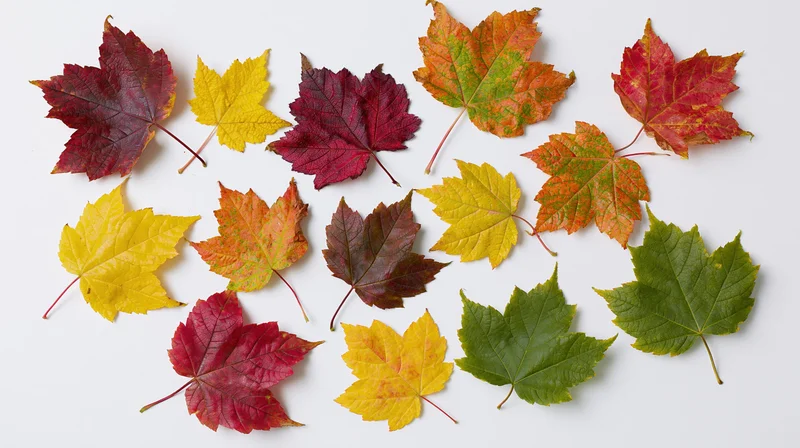Fourteen maple leaves in autumn colors arranged flat on white surface