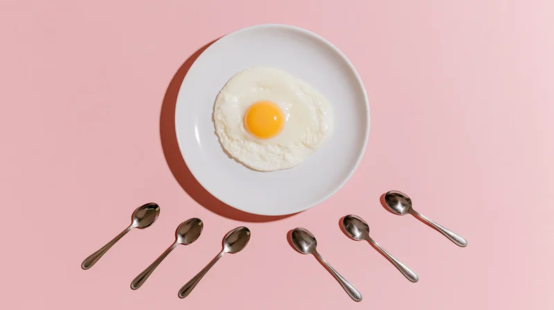 Fried egg on a white plate surrounded by spoons on a pink surface