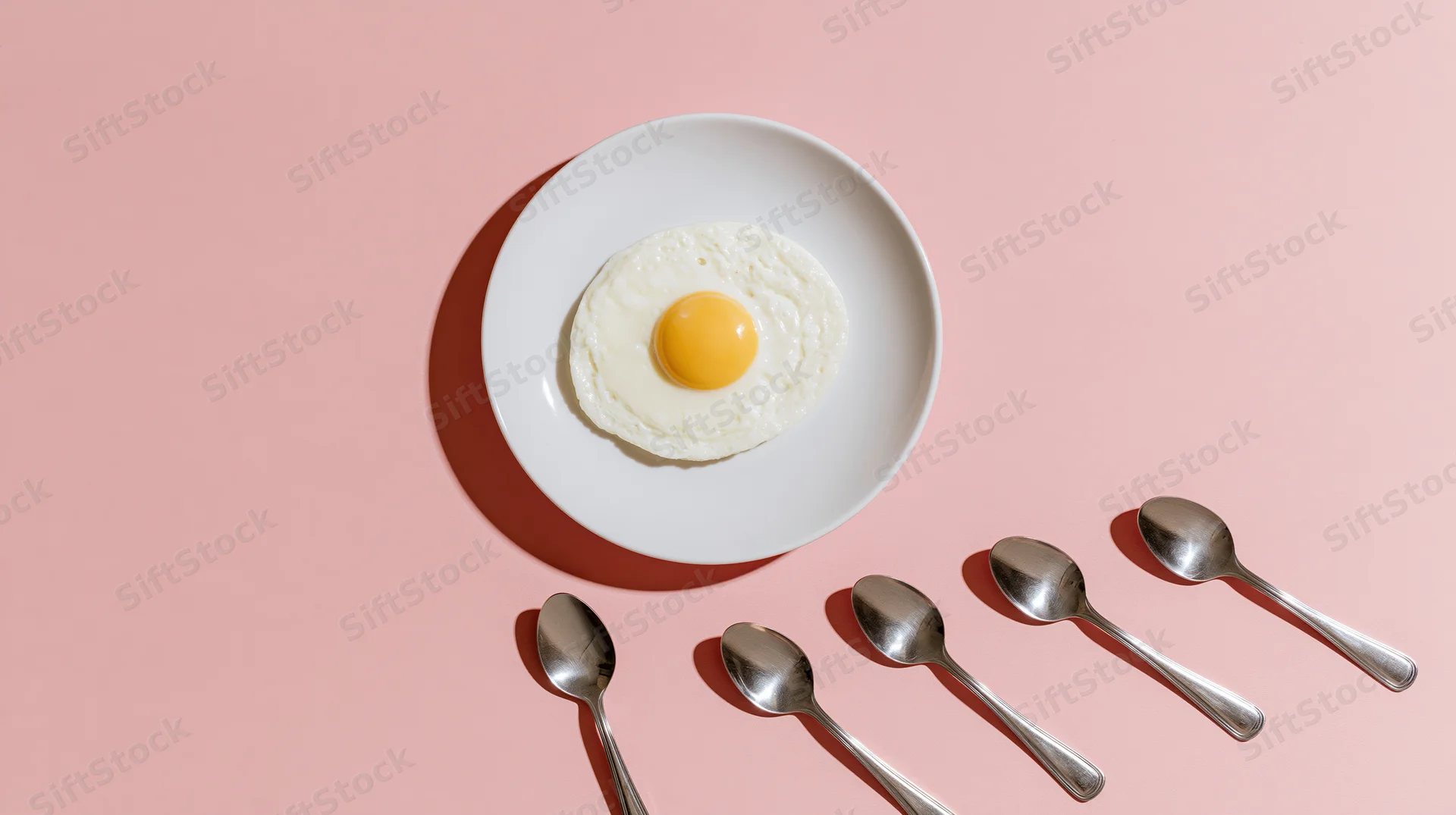 Fried egg on a white ceramic plate with five spoons arranged beside it on a pink surface