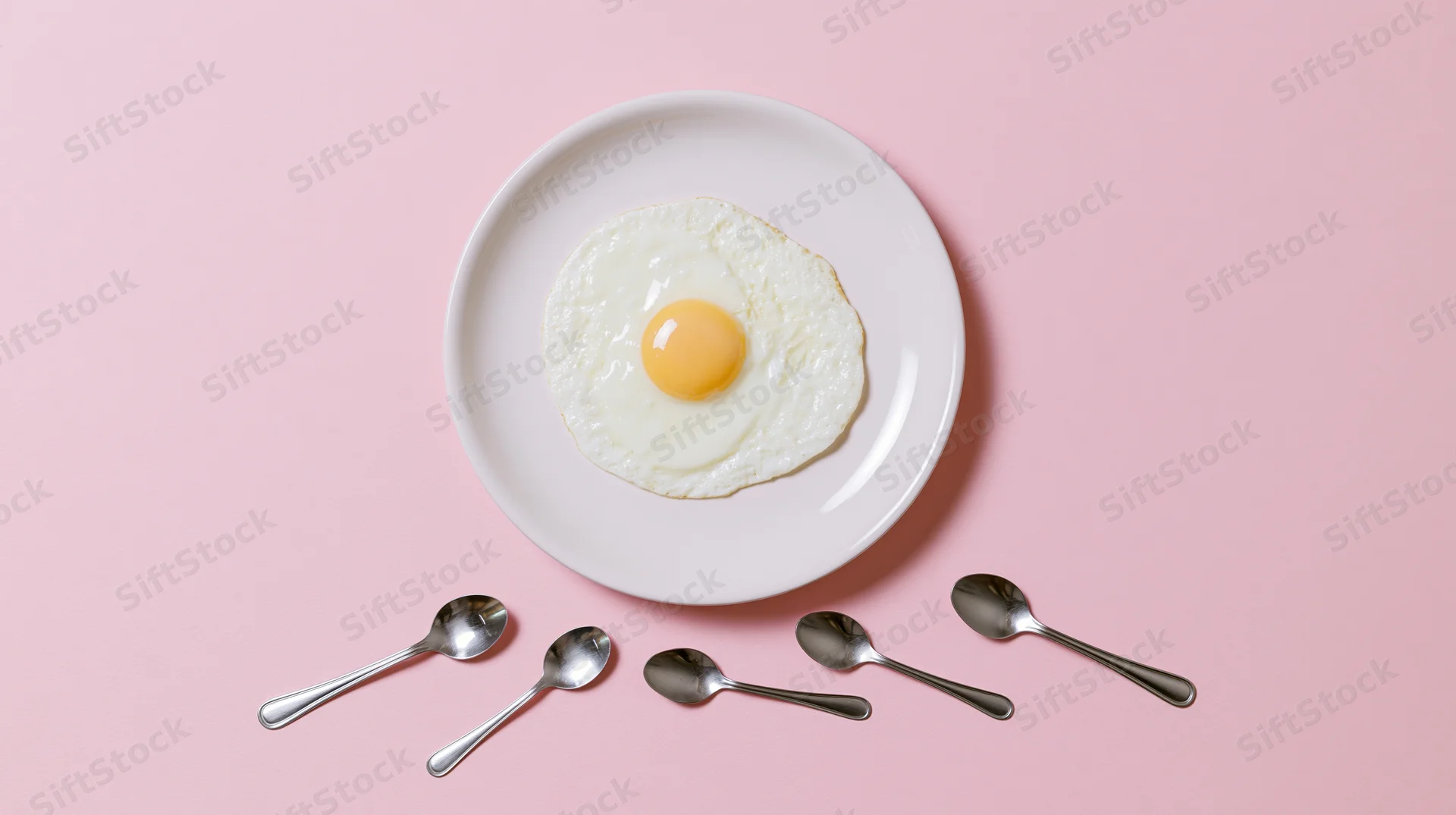 Fried egg on a white ceramic plate with five spoons arranged below on a pink surface
