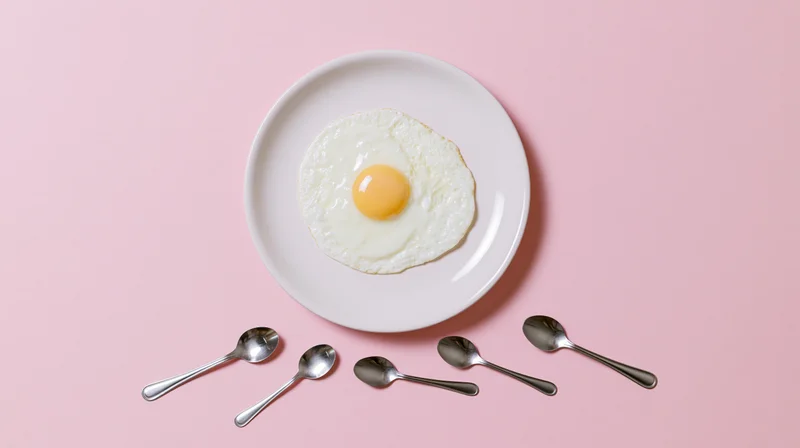 Fried egg on a white ceramic plate with five spoons arranged below on a pink surface