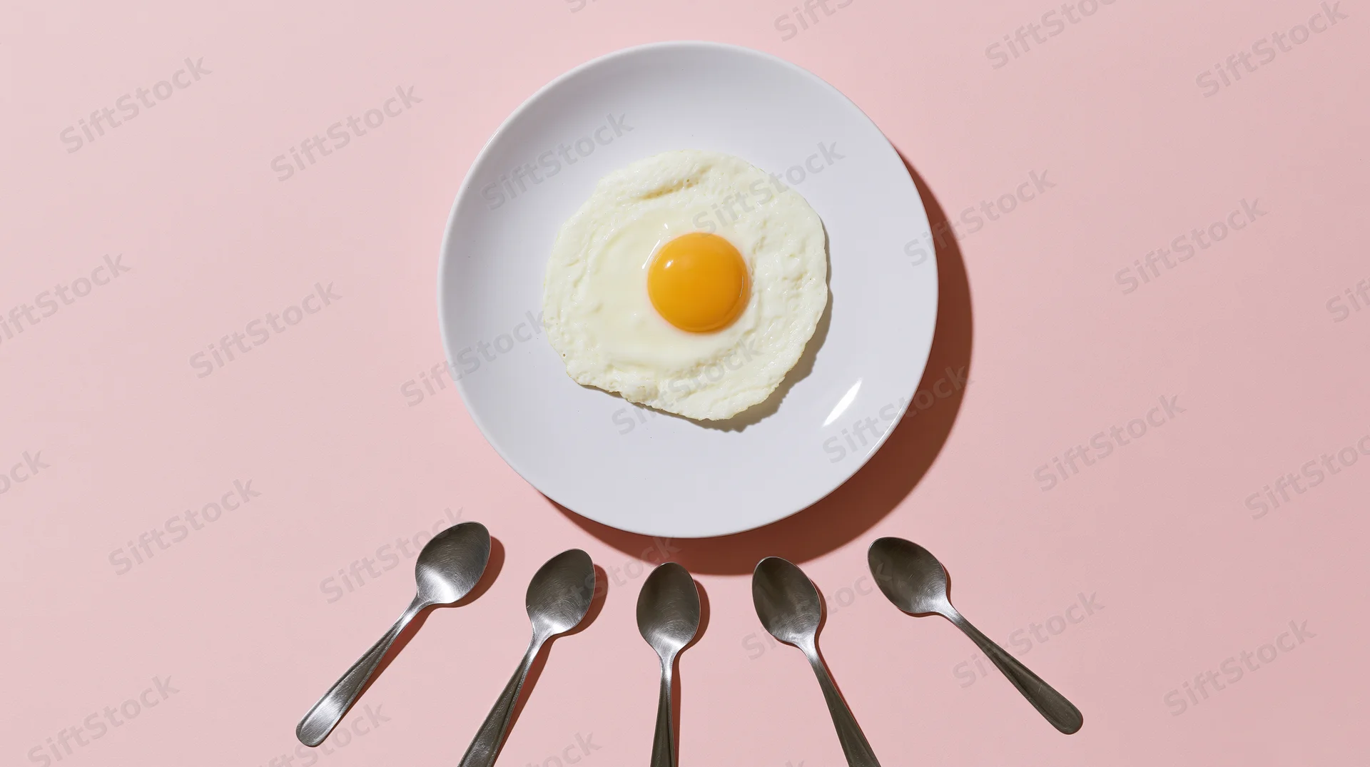 Fried egg on a white ceramic plate with five spoons arranged below on a pink surface