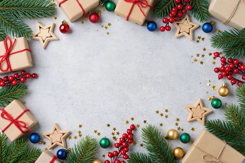 Christmas decorations arranged as a border frame on a light surface with copyspace