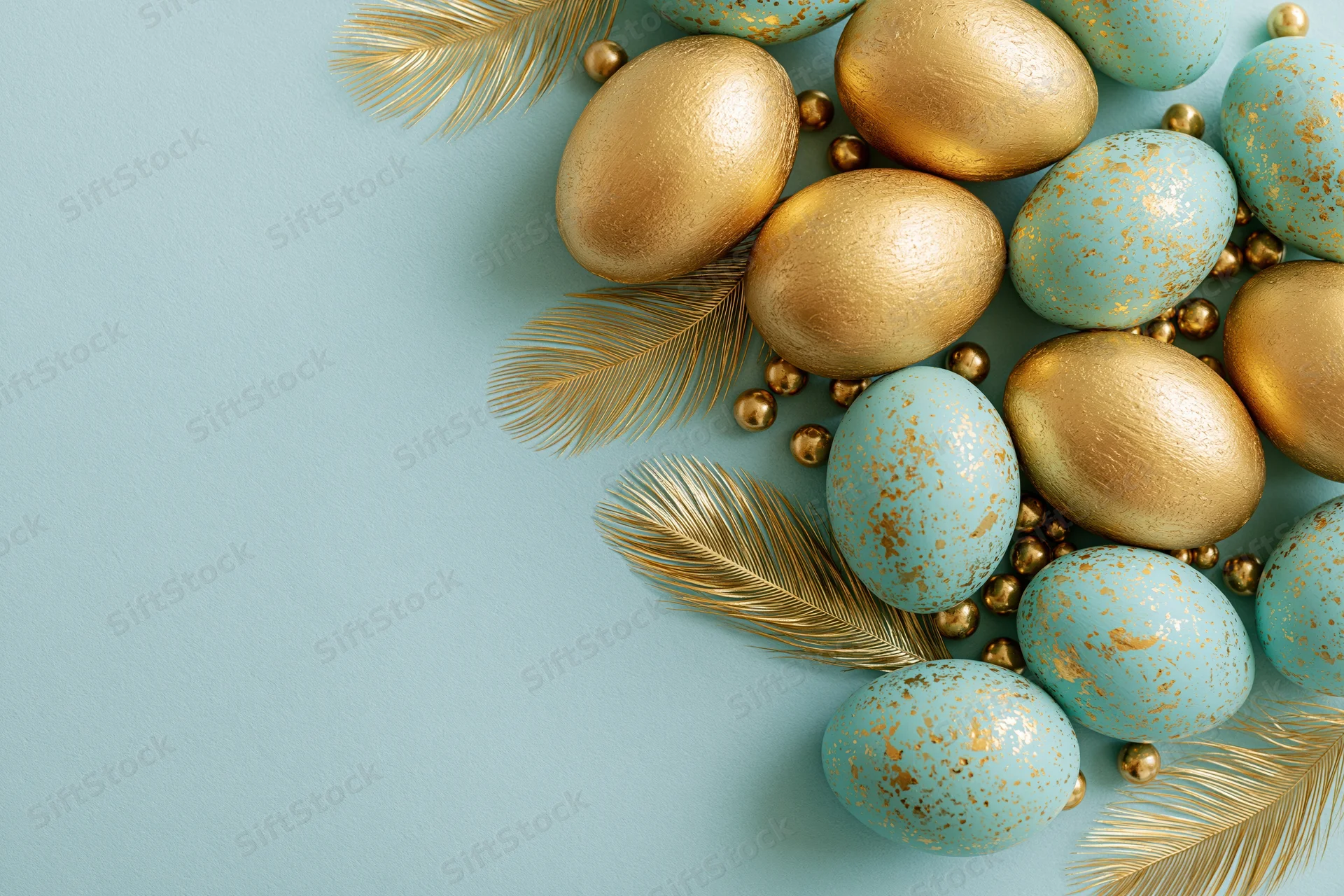 Golden and turquoise decorative easter eggs with metallic feathers arranged on pale blue surface in flat lay style with copyspace on left