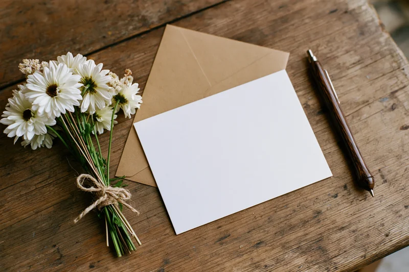 Blank white card on kraft envelope with white daisies and wooden pen on rustic wood table