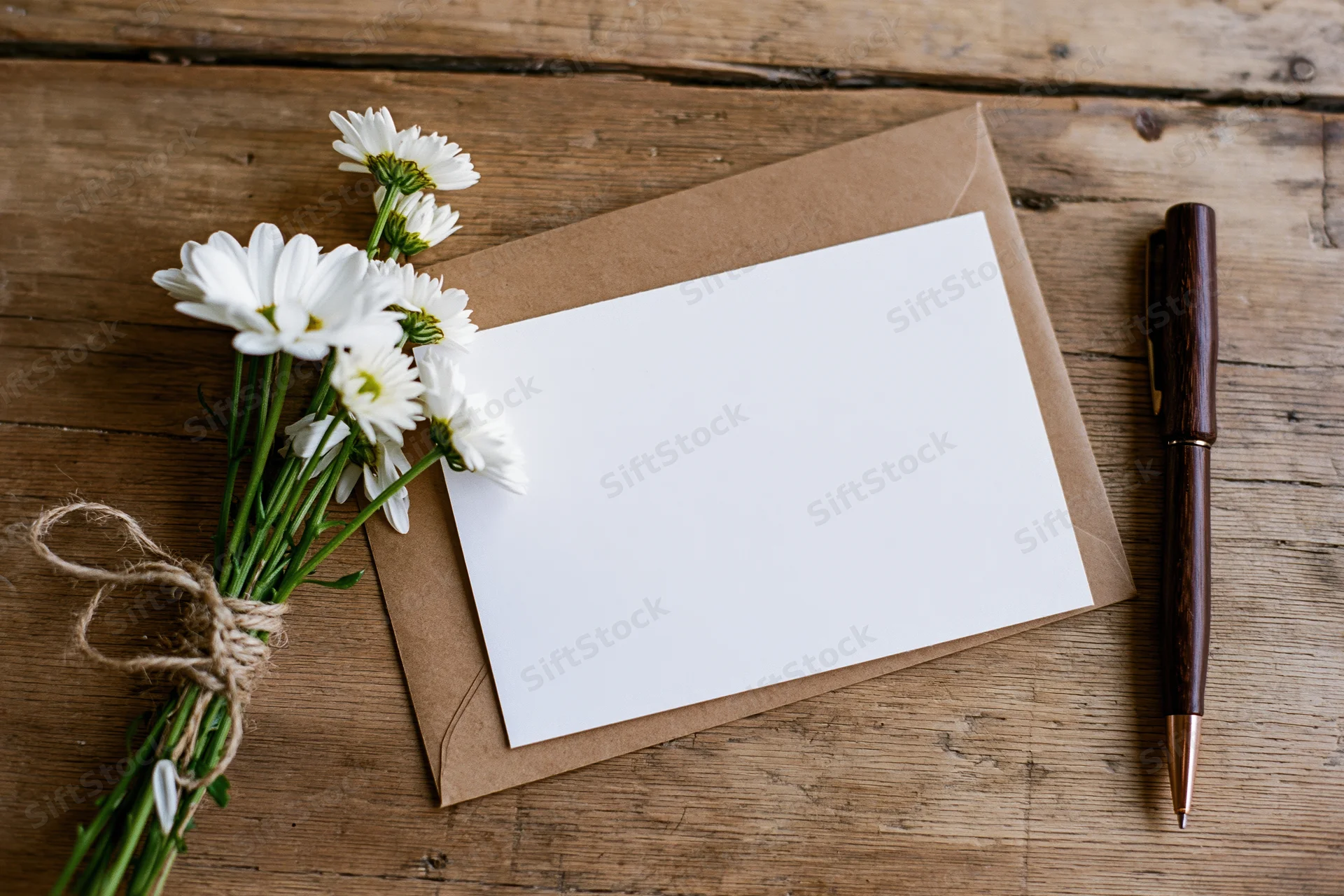 Blank white card on kraft envelope with daisies and pen on wooden table