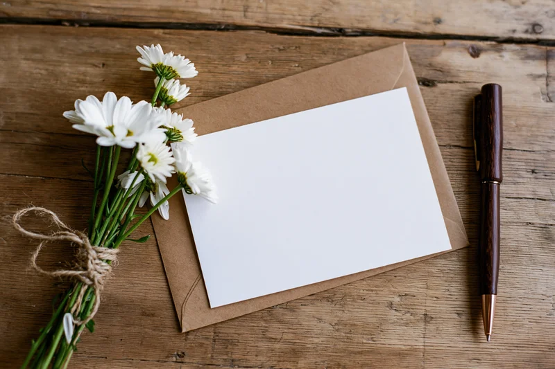 Blank white card on kraft envelope with daisies and pen on wooden table