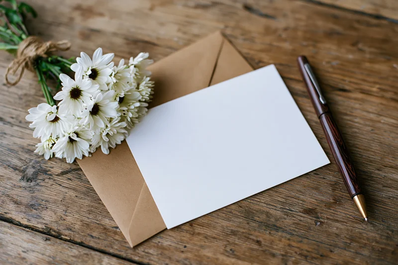 Blank white card on kraft envelope with white daisies and pen on wooden table