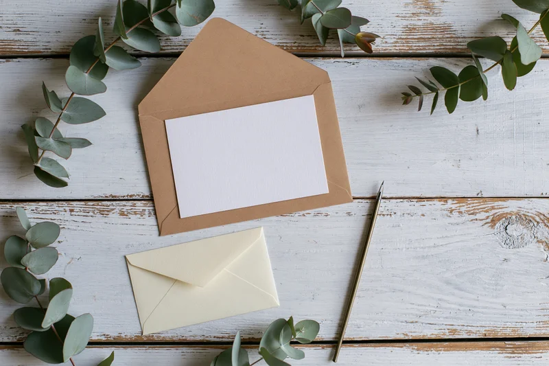 Blank white card in open kraft envelope with eucalyptus branches on whitewashed wooden table