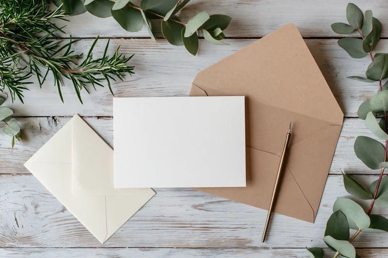 Blank white card on open kraft envelope with greenery on wooden surface