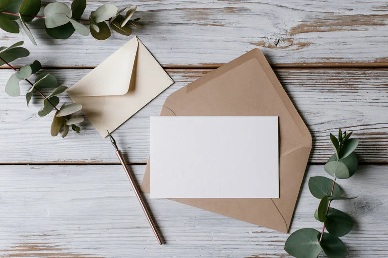 Blank white card on open kraft envelope with eucalyptus branches and fountain pen on whitewashed wooden table