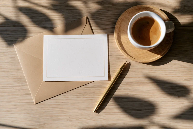 Blank card with envelope and gold pen beside coffee mug on wooden table with leaf shadows