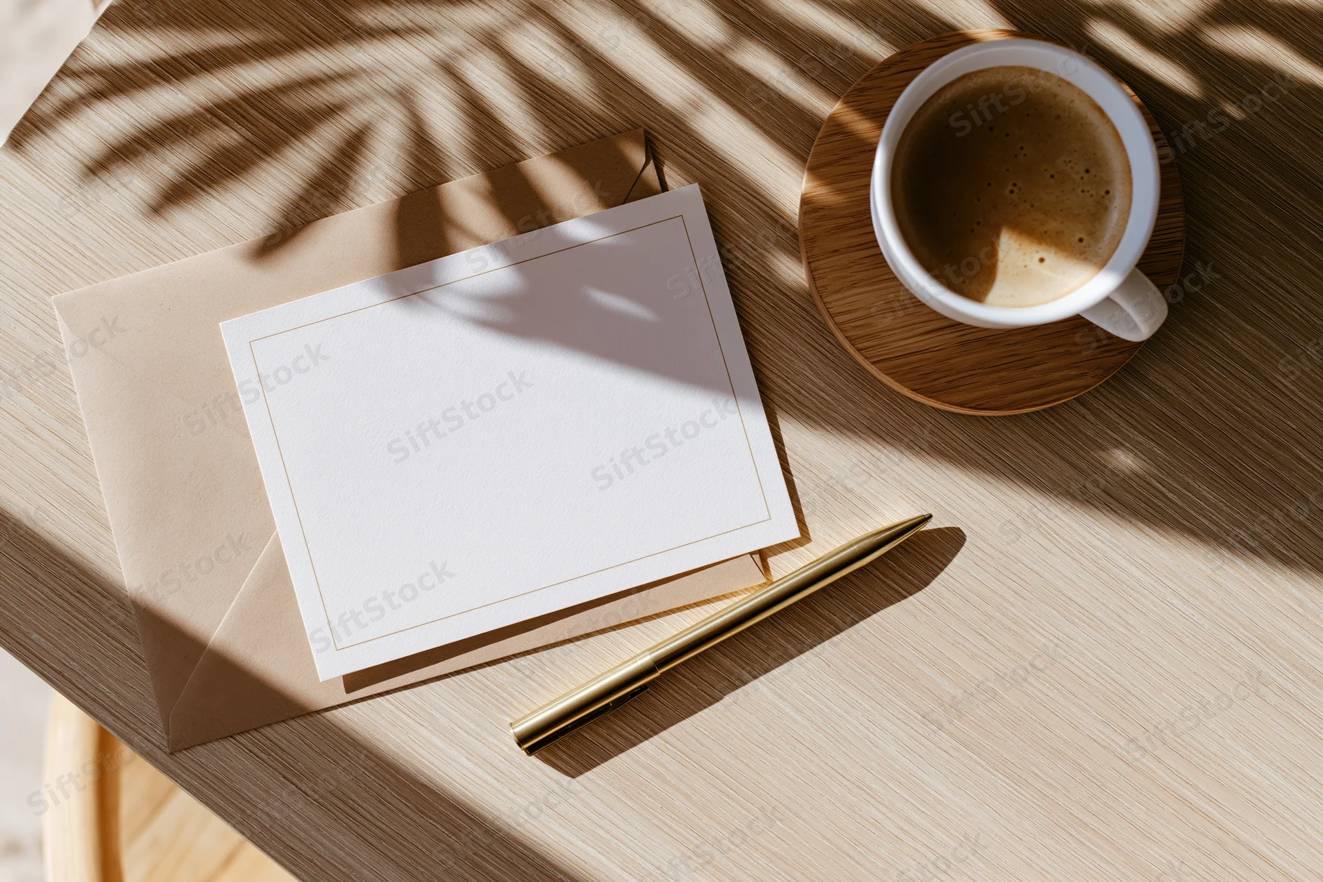 Blank card with envelope and pen beside coffee cup on wooden table under palm shadow