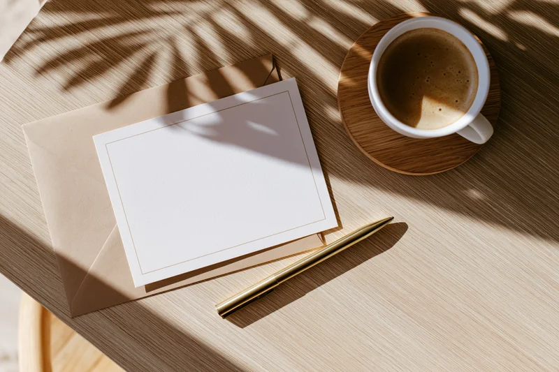Blank card with envelope and pen beside coffee cup on wooden table under palm shadow
