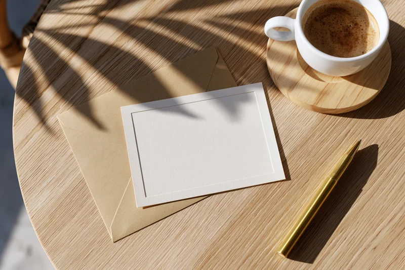 Blank card with envelope and gold pen on wooden table beside coffee cup under palm shadow