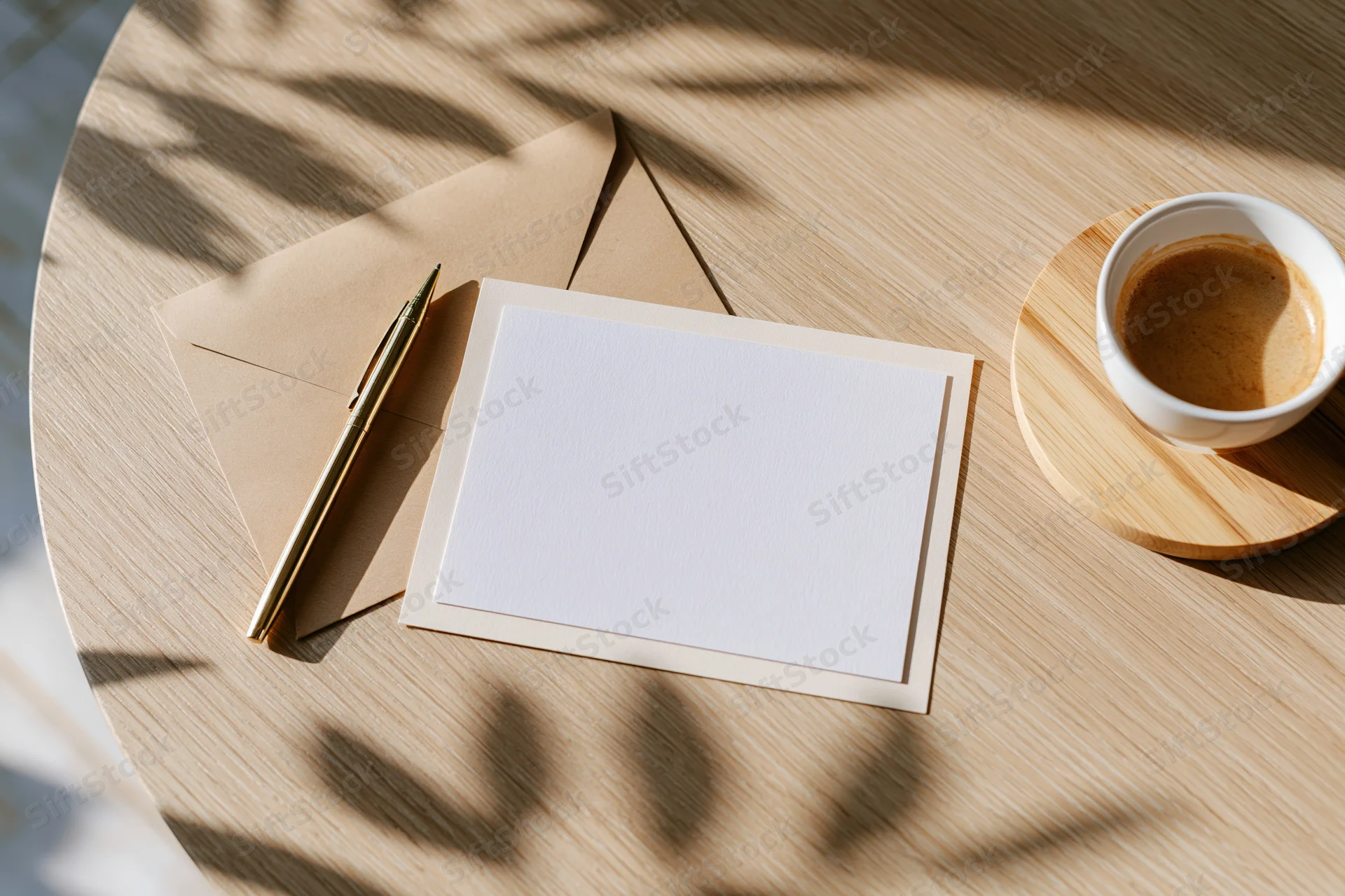 Blank card with envelope and pen on wooden table beside coffee cup, flat lay view with plant shadows