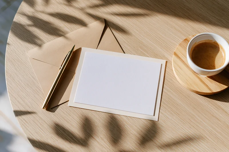 Blank card with envelope and pen on wooden table beside coffee cup, flat lay view with plant shadows
