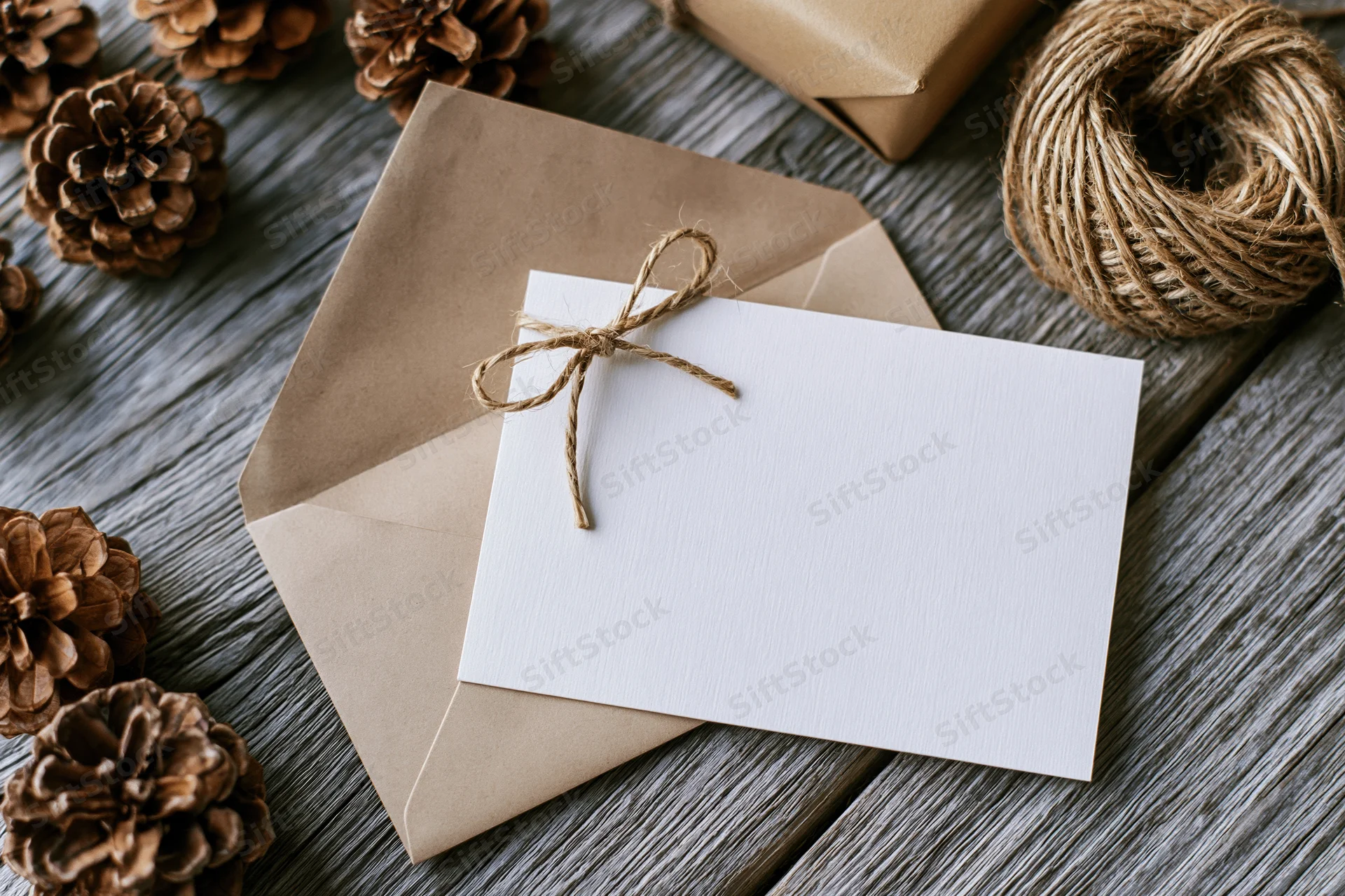 Blank white notecard tied with twine bow on kraft envelope with pinecones and twine spool on wooden surface