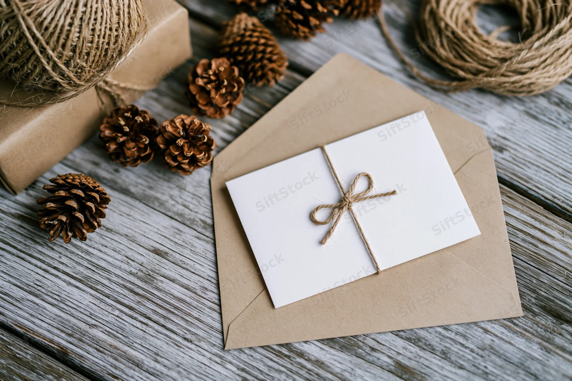 Blank white card tied with twine in a brown envelope on a wooden table with pinecones and gift wrapping materials around