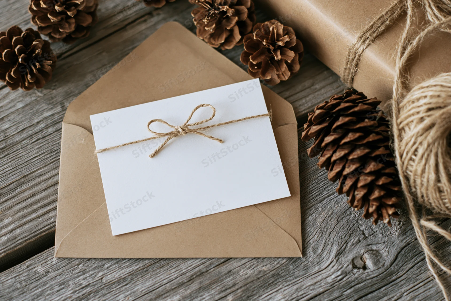 Blank white notecard tied with twine bow on kraft envelope surrounded by pinecones on wooden surface