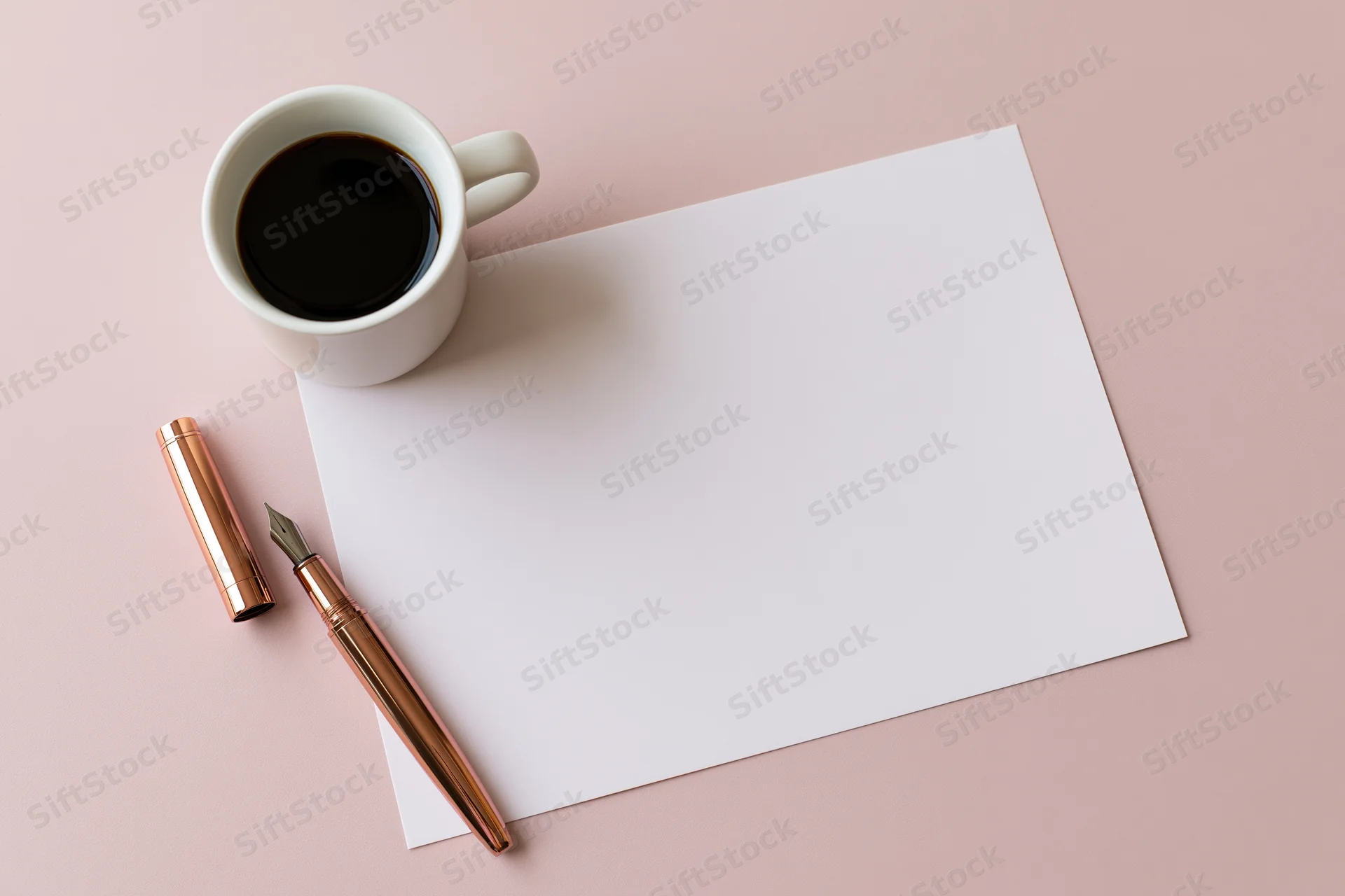 Blank white paper with rose gold fountain pen and coffee cup on pink surface