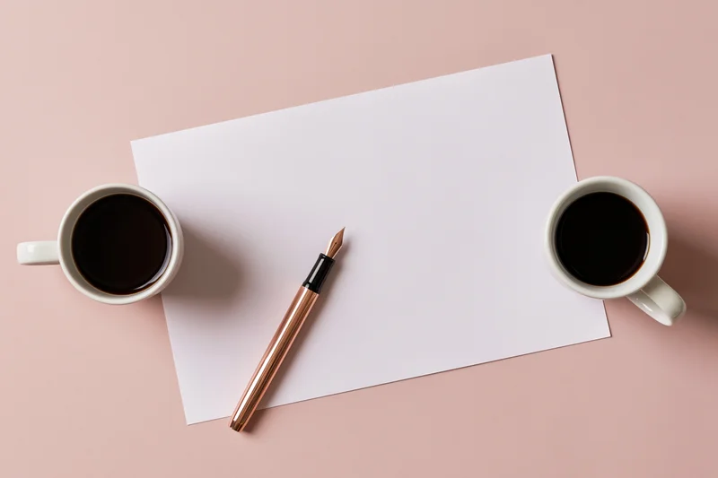 Blank white paper with rose gold fountain pen and two coffee mugs on pink surface