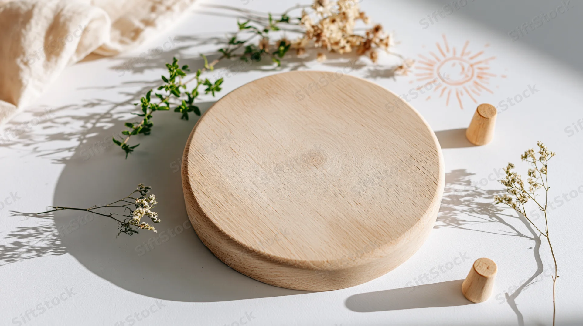 Round wooden disc podium centered on white surface with dried flowers and small wooden cones in flat lay arrangement