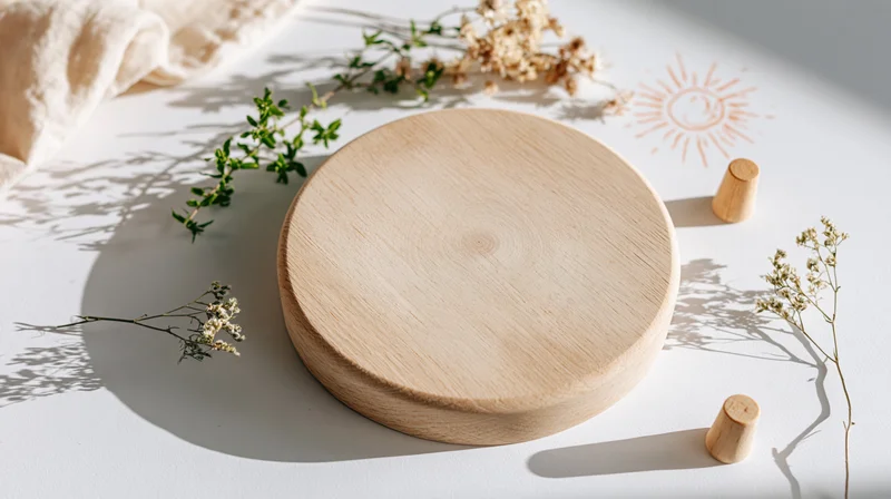Round wooden disc podium centered on white surface with dried flowers and small wooden cones in flat lay arrangement
