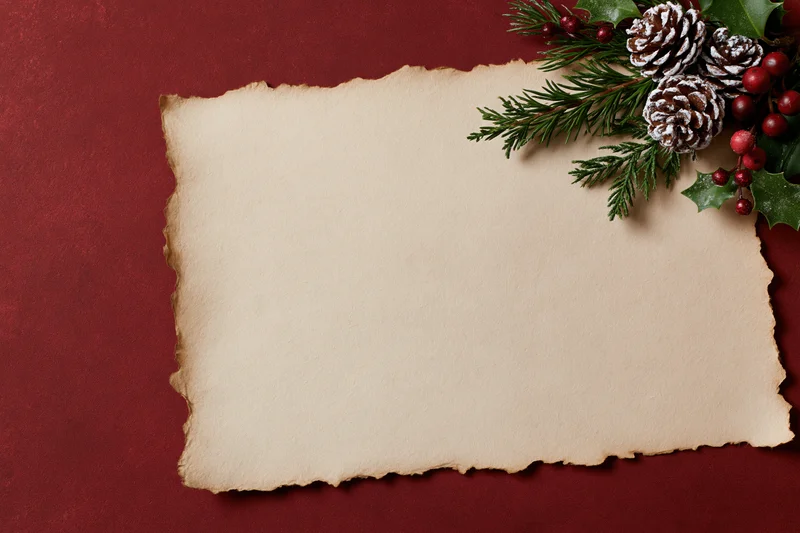 Aged parchment paper with torn edges and festive pine, pinecones, and holly on red background
