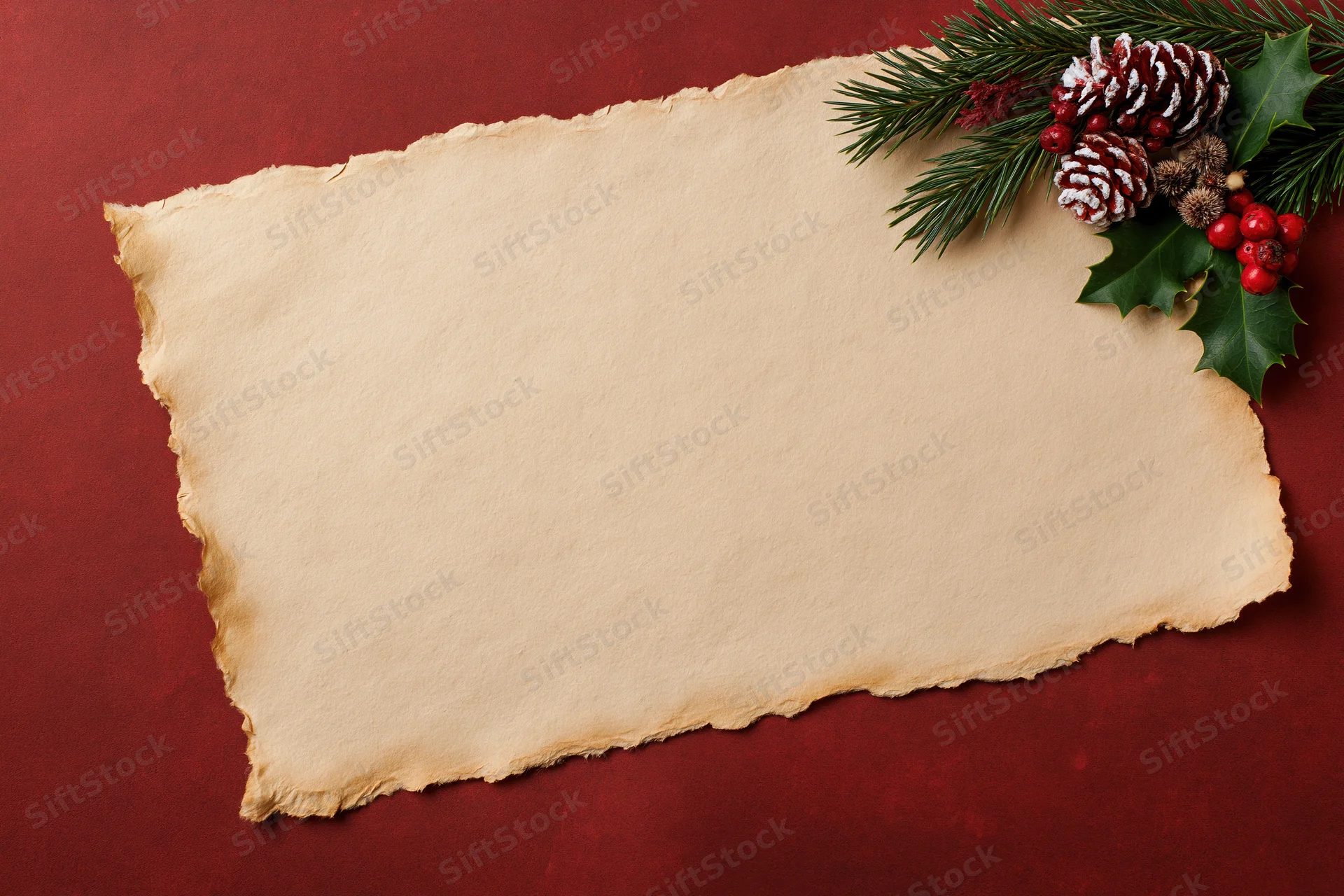 Aged parchment paper with torn edges and christmas decorations on red surface
