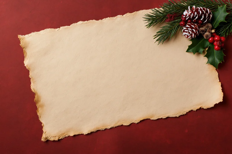Aged parchment paper with torn edges and christmas decorations on red surface