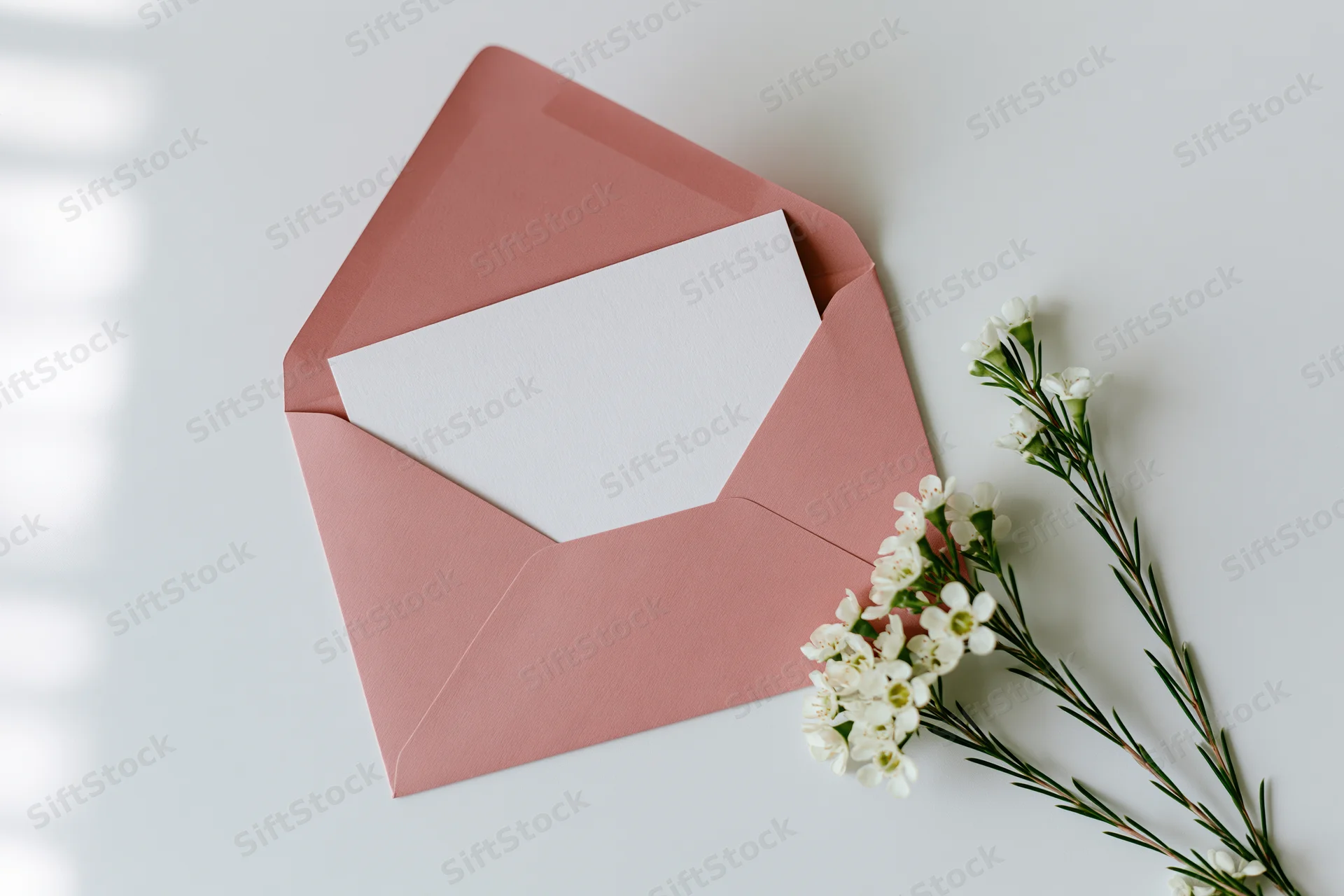 Open dusty pink envelope with blank white paper and white flowers on light surface