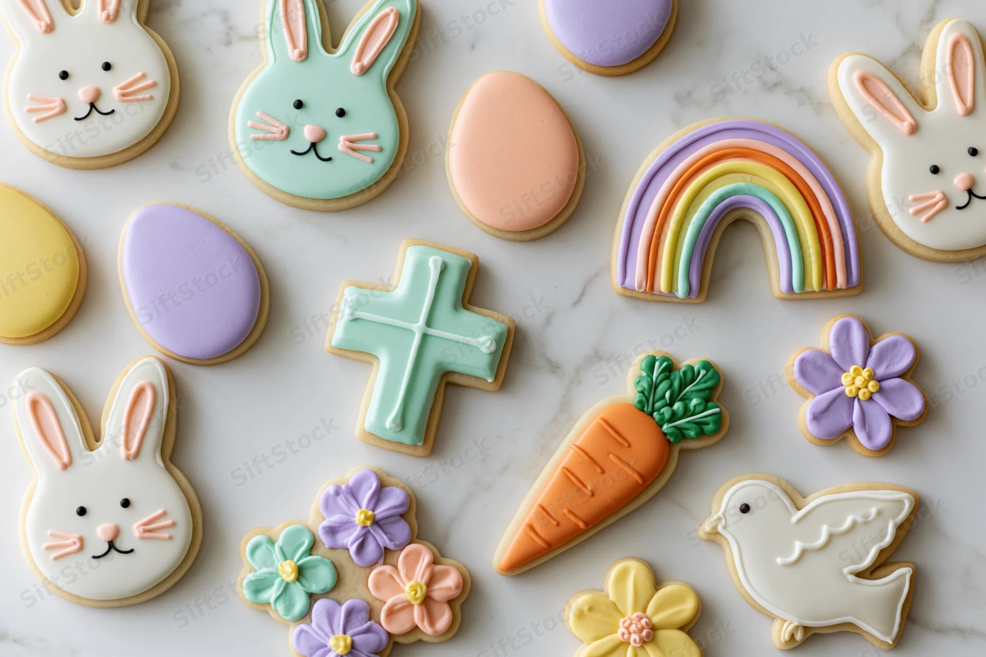 Decorated easter sugar cookies arranged in flat lay on marble surface