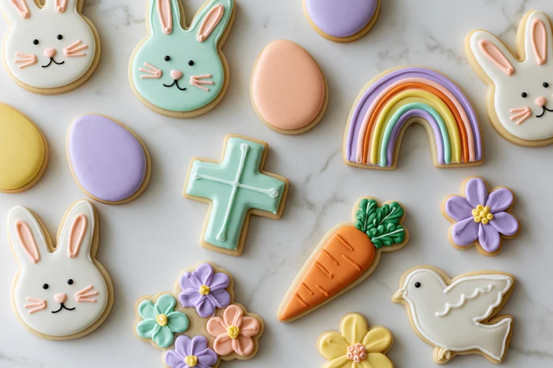 Decorated easter sugar cookies arranged in flat lay on marble surface