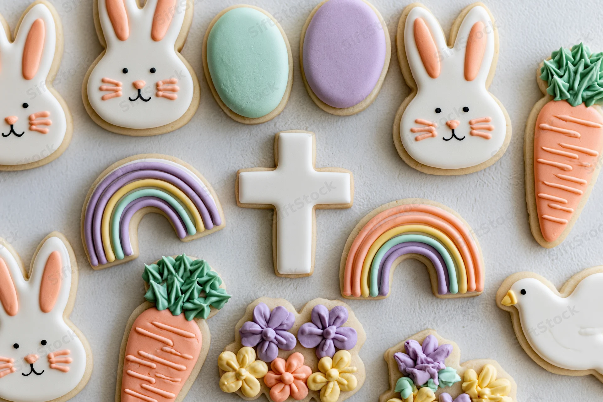 Decorated easter sugar cookies arranged in flat lay on white surface