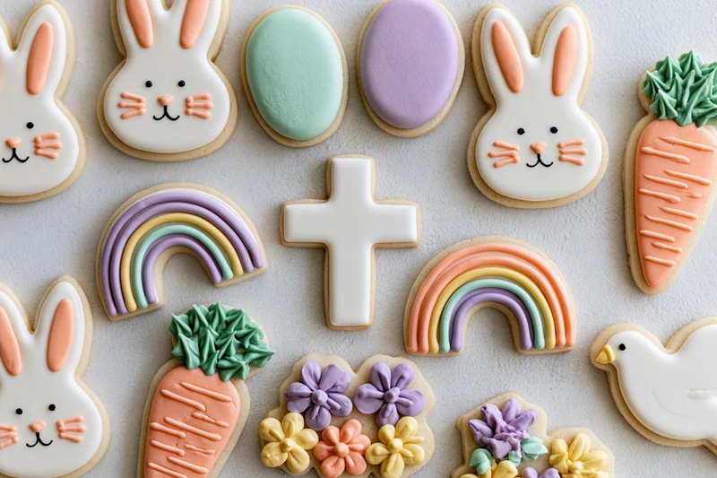 Decorated easter sugar cookies arranged in flat lay on white surface