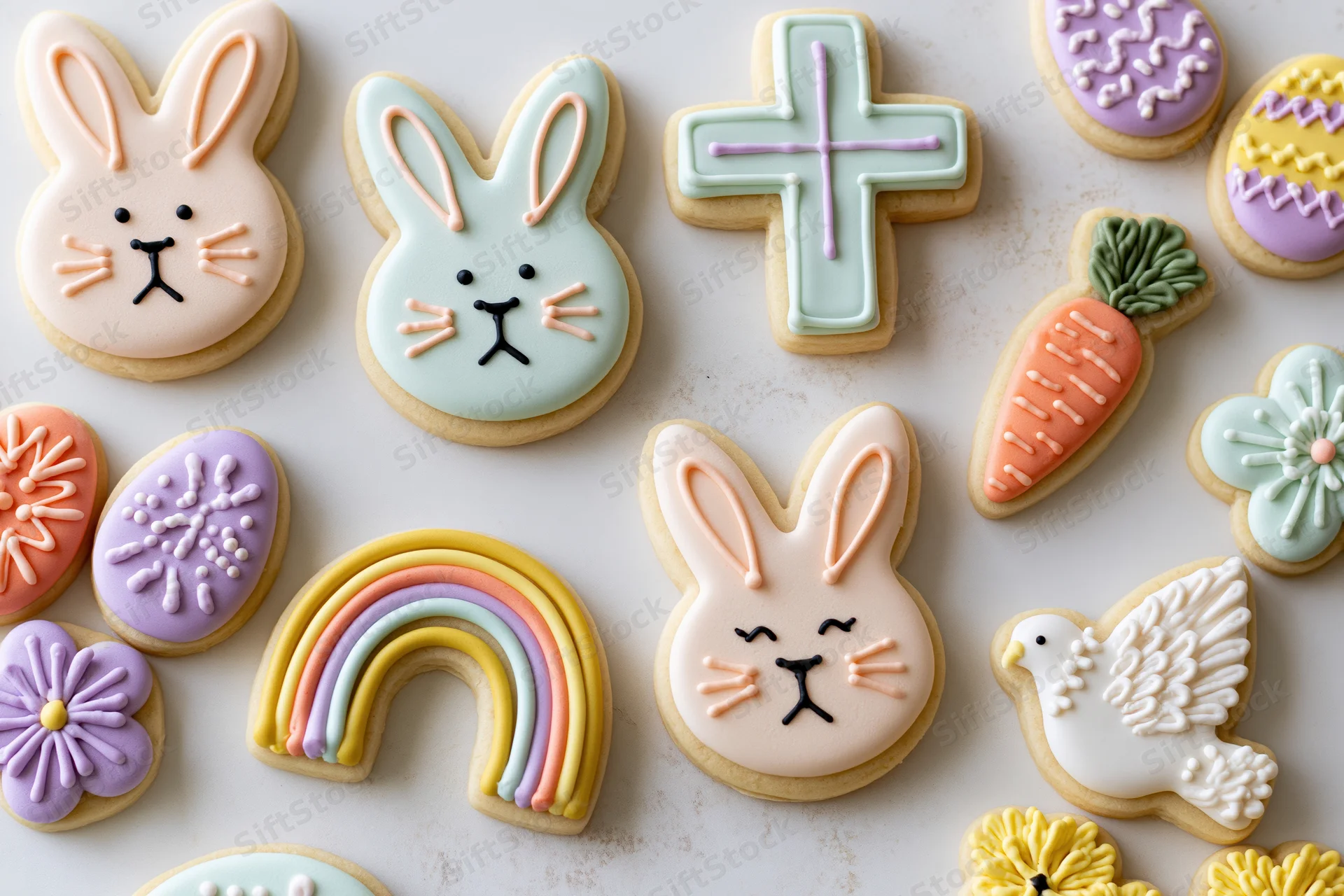 Decorated easter sugar cookies arranged in flat lay on white surface