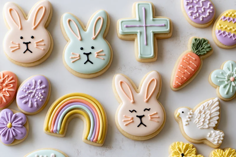 Decorated easter sugar cookies arranged in flat lay on white surface