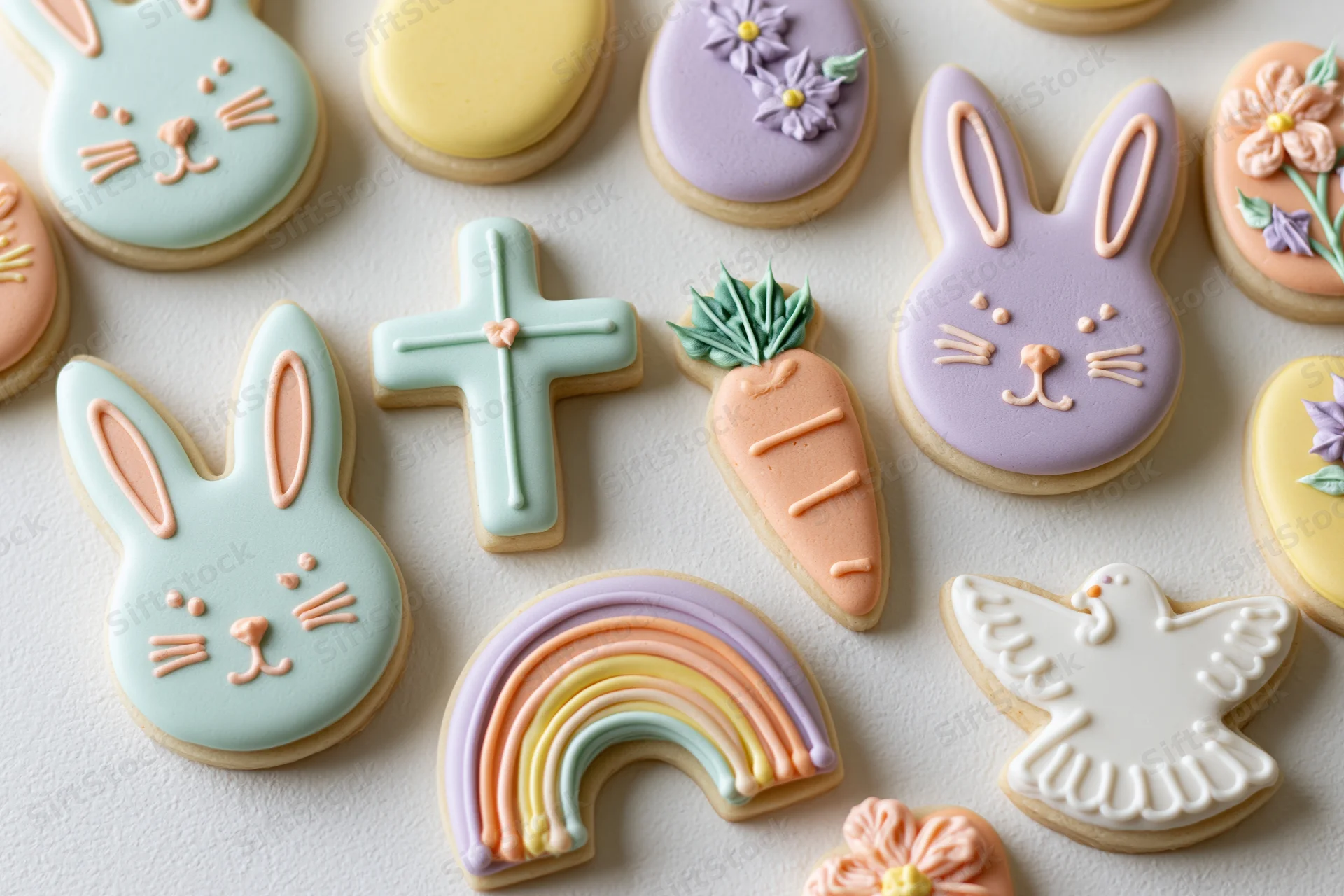Decorated easter sugar cookies arranged in flat lay on white surface