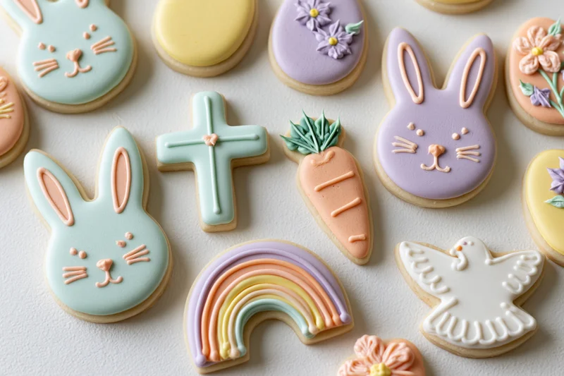 Decorated easter sugar cookies arranged in flat lay on white surface