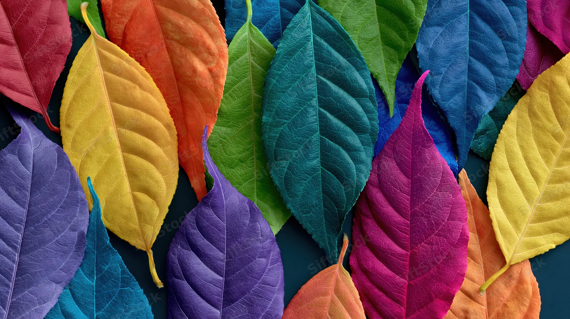 Colorful dyed leaves arranged in flat lay on dark surface
