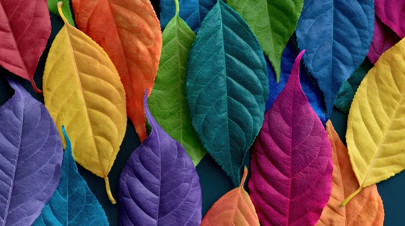 Colorful dyed leaves arranged in flat lay on dark surface