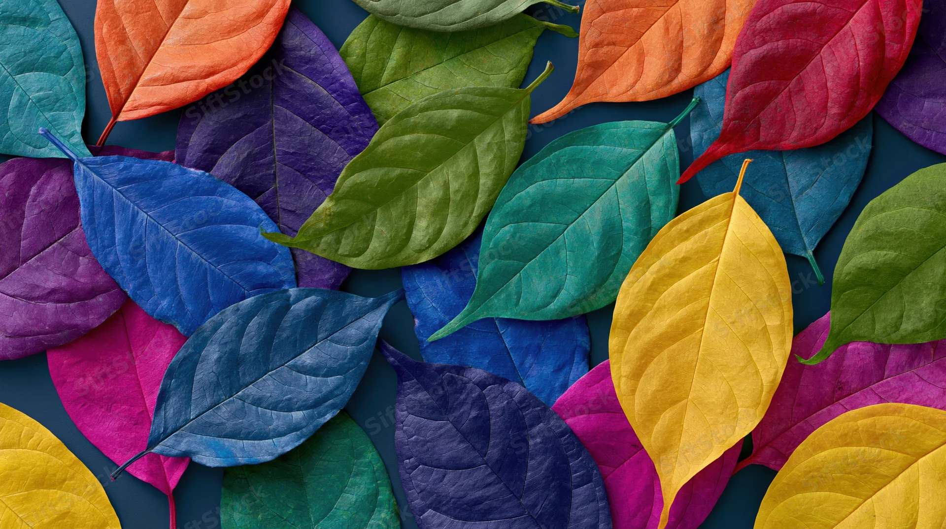Colorful dyed leaves arranged in flat lay on dark surface