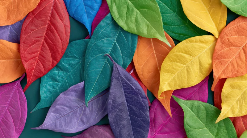 Colorful dyed leaves arranged in flat lay on dark surface