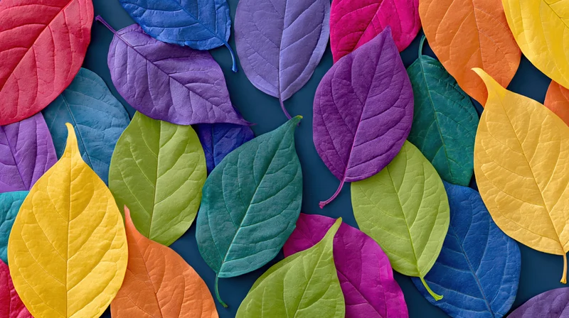 Colorful dyed leaves arranged in flat lay on dark surface