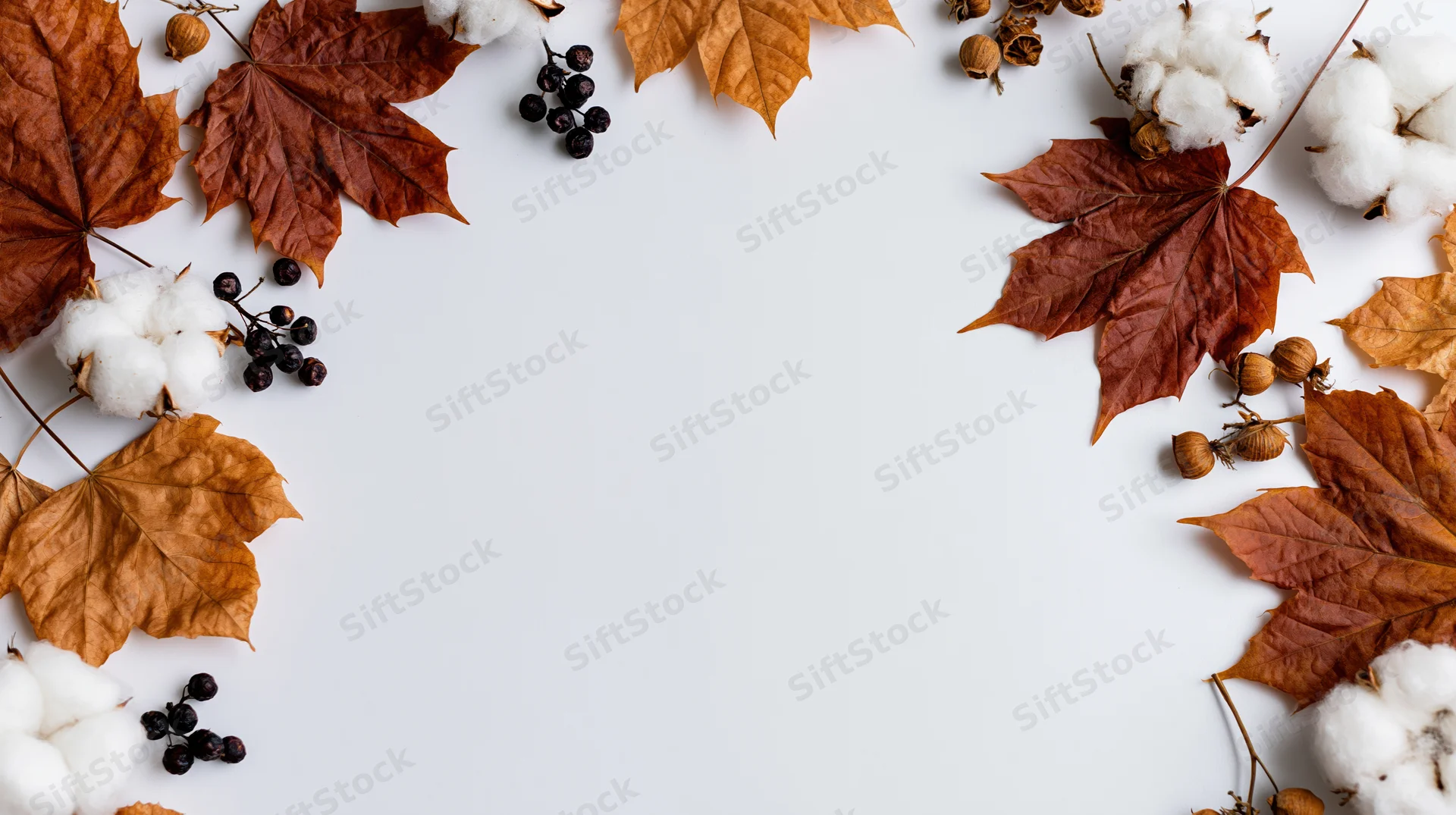 Dried maple leaves and cotton bolls arranged in a border around a white surface with copyspace