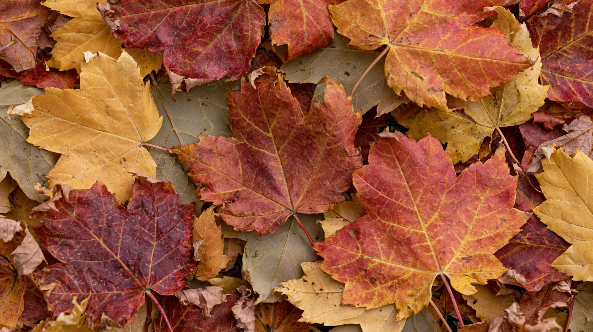 Fallen maple leaves densely covering the ground in autumn