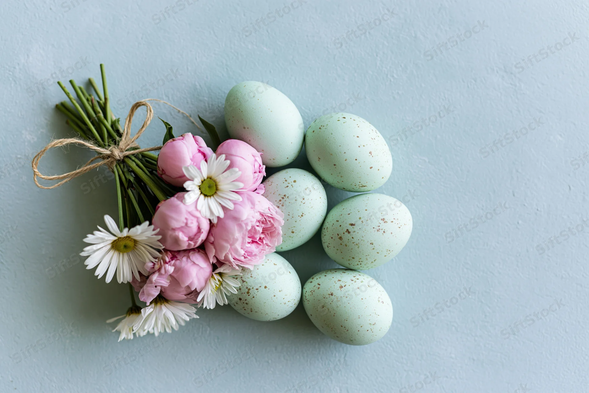 Five pale mint speckled easter eggs and a small bouquet of pink peonies and white daisies arranged on a light blue surface